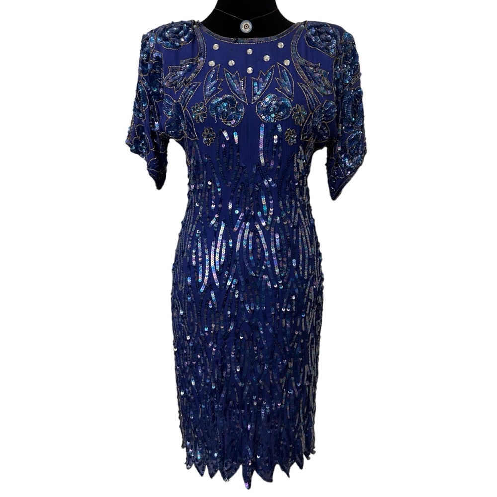 JOSEPH LE BON Vintage Blue Floral Sequin Dress PP